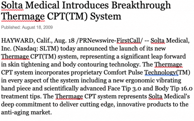 Solta Medical Introduces Breakthrough Thermage CPT(TM) System