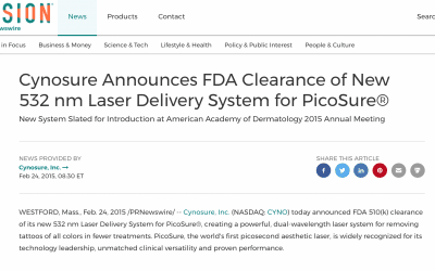 Cynosure Announces FDA Clearance of New 532 nm Laser Delivery System for PicoSure®