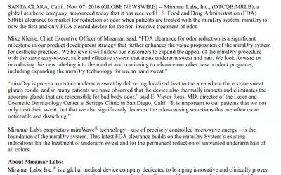 Miramar Labs, Inc.® Receives US FDA 510(k) Clearance for Reduction of Odor