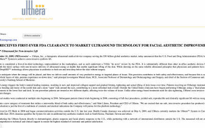 ULTHERA RECEIVES FIRST-EVER FDA CLEARANCE TO MARKET ULTRASOUND TECHNOLOGY FOR FACIAL AESTHETIC IMPROVEMENT