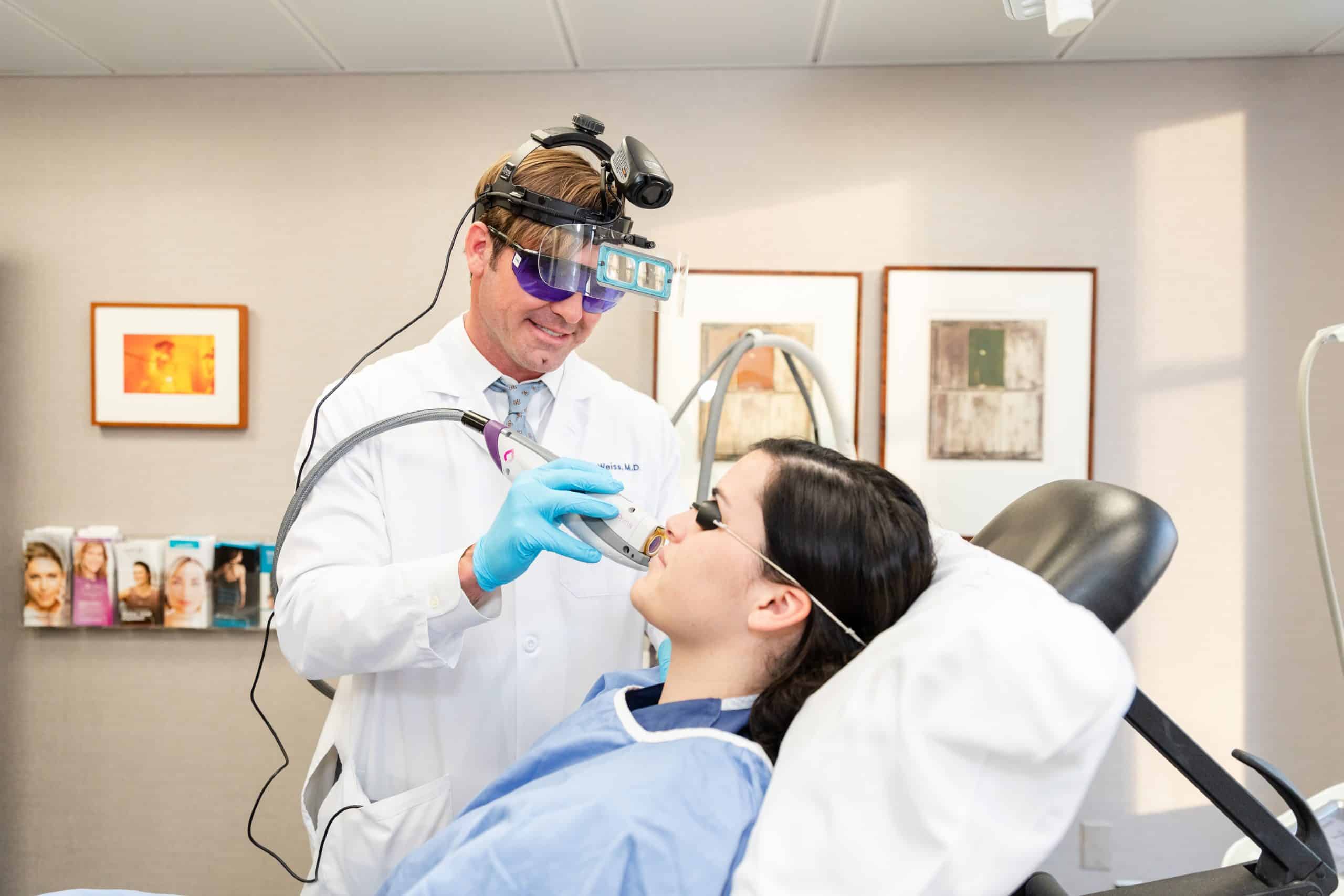 telangiectases treatment with laser in NYC, NY. Board Certified Dermatologist is treating a female patient for telangiectases using laser in NYC, NY.