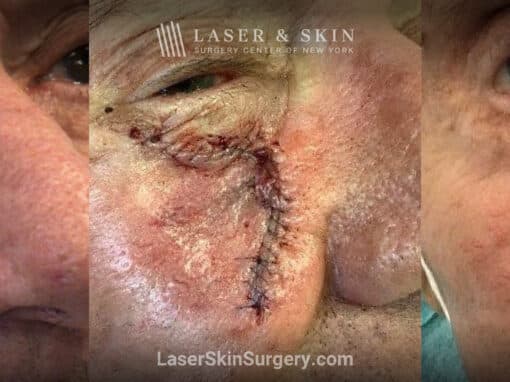 Mohs surgery to remove skin cancer on the cheek near the nose